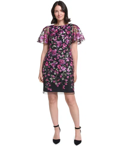 Jessica Howard Petite Short-sleeve Boat Neck Flared Dress In Multi