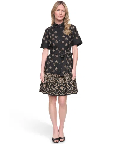 Jessica Howard Petite Short-sleeve Fit And Flare Shirt Dress In Black