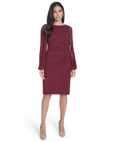 Jessica Howard Petite Side Ruched Long Sleeve Dress In Burgundy