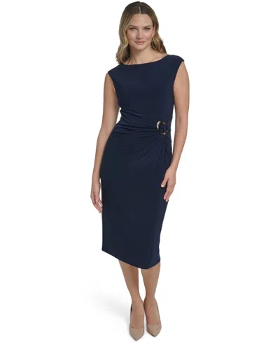 Jessica Howard Petite Side-ruche Buckle-detail Midi Dress In Multi