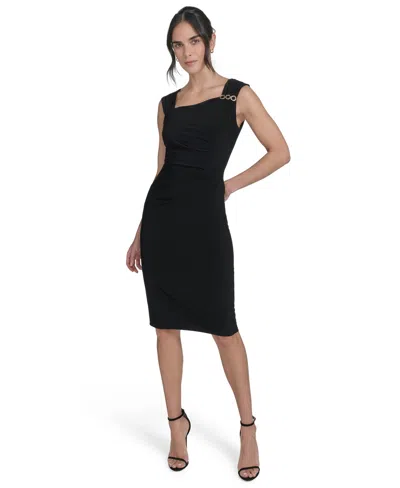 Jessica Howard Petite Sleeveless Asymmetric Sheath Dress In Black