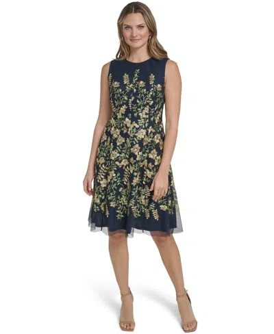 Jessica Howard Petite Sleeveless Jewel Neck Midi Dress In Blue