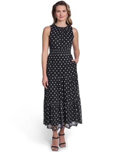 Jessica Howard Petite Sleeveless Jewel Neck Tiered Midi Dress In Black