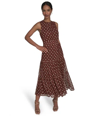Jessica Howard Petite Sleeveless Jewel Neck Tiered Midi Dress In Brown