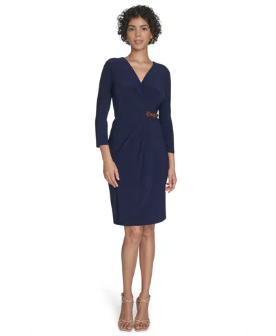 Jessica Howard Petite Surplice Faux Wrap Sheath With Buckle Dress In Blue