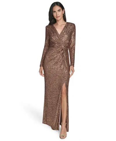 Jessica Howard Petite Twist Front Long-sleeve Gown In Brown