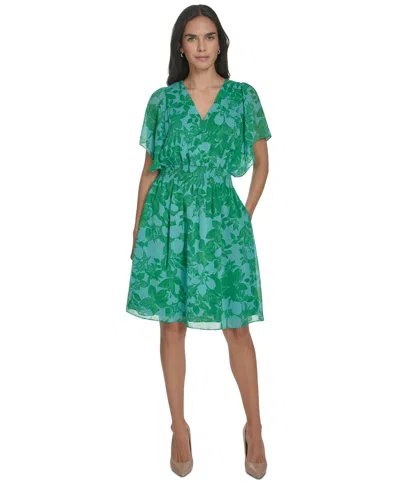 Jessica Howard Petite V-neck Smocked-waist Chiffon Dress In Green
