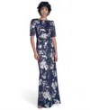 Jessica Howard Petites Printed Boat-neck Gown In Blue