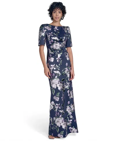 Jessica Howard Petites Printed Boat-neck Gown In Blue