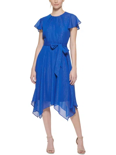 Jessica Howard Petites Womens Chiffon Metallic Midi Dress In Blue