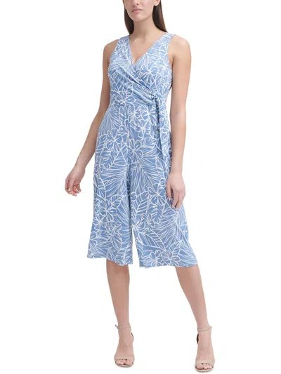 Jessica Howard Petites Womens Floral Print Surplice Jumpsuit In Blue