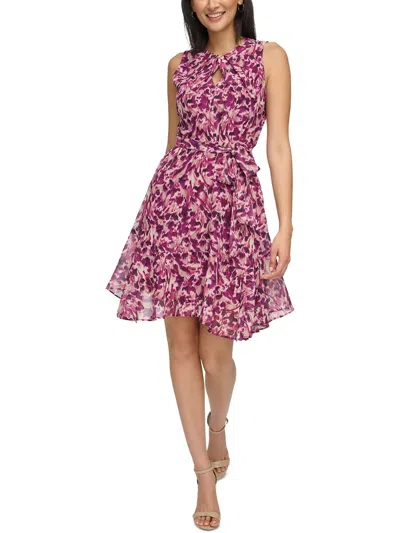 Jessica Howard Petites Womens Printed Chiffon Fit & Flare Dress In Purple