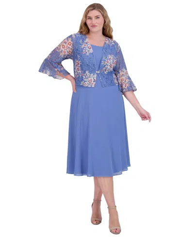 Jessica Howard Plus Size 2-pc. Floral-print Lace Jacket & Dress Set In Periwinkle