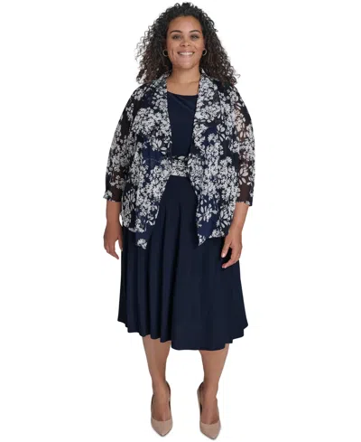 Jessica Howard Plus Size 2.pc Floral-chiffon 3/4-sleeve Jacket & Sleeveless Midi Dress In Navy,white