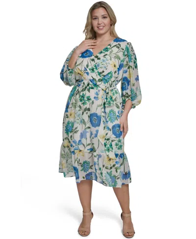Jessica Howard Plus Size Balloon-sleeve Tiered Midi Dress In Multi