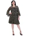 Jessica Howard Plus Size Bell-sleeve Sequined A-line Dress In Black Gold