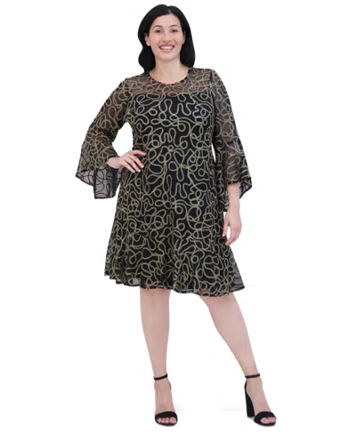 Jessica Howard Plus Size Bell-sleeve Sequined A-line Dress In Black Gold