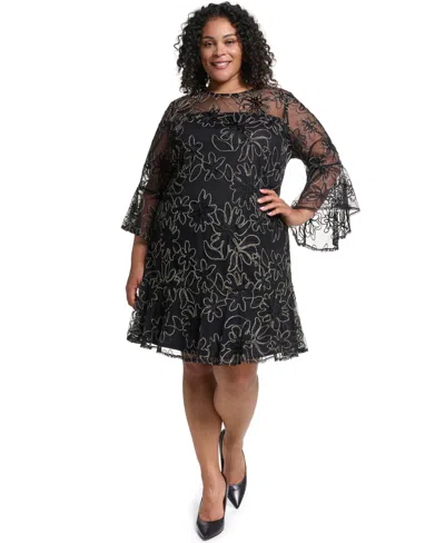 Jessica Howard Plus Size Bell-sleeve Floral Dress In Black