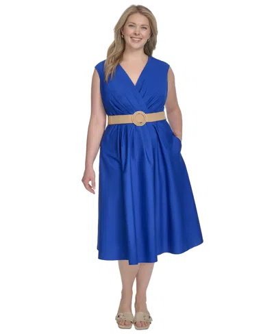 Jessica Howard Plus Size Belted Sleeveless V-neck Midi Dress In Blue