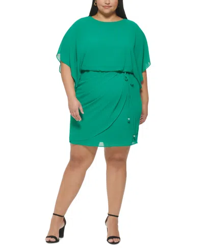 Jessica Howard Plus Size Boat-neck Blouson Faux-wrap Dress In Green