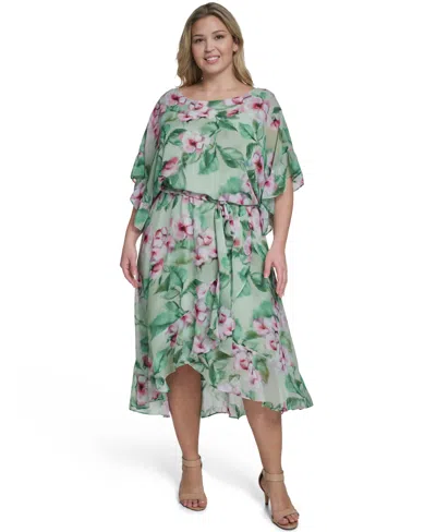 Jessica Howard Plus Size Boat Neck Ruffle-sleeve Dress In Green