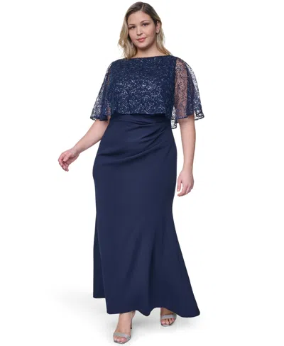 Jessica Howard Plus Size Capelet Boat Neck Gown In Blue