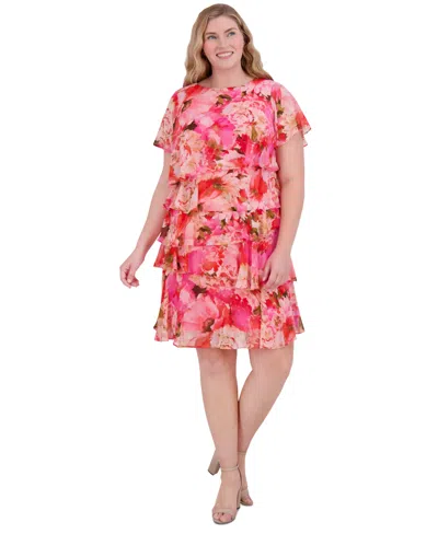 Jessica Howard Plus Size Chiffon Asymmetrical-tiered Dress In Pink Multi
