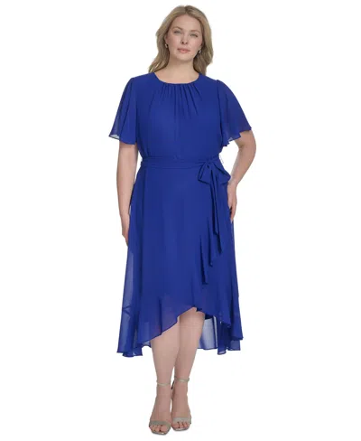 Jessica Howard Plus Size Chiffon Tie-waist Ruffle-trim Midi Dress In Cobalt
