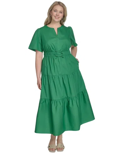 Jessica Howard Plus Size Cotton Tiered Split-neck Maxi Dress
