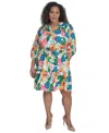 Jessica Howard Plus Size Floral-print Belted A-line Dress In Ivory Multi