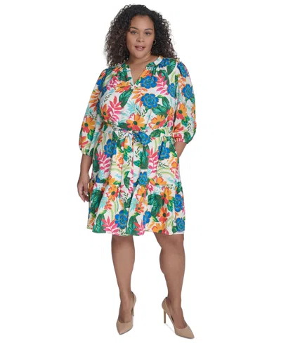 Jessica Howard Plus Size Floral-print Belted A-line Dress In Ivory Multi