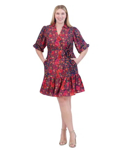 Jessica Howard Plus Size Floral-print Fit & Flare Dress In Red Combo