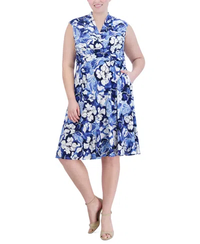 Jessica Howard Plus Size Floral-print Ruched-waist Dress In Ivory,blue