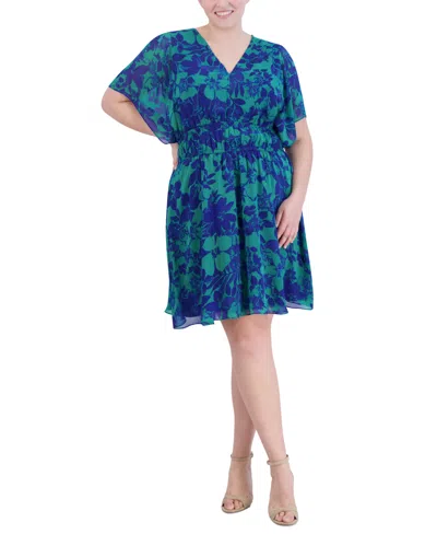 Jessica Howard Plus Size Floral-print Smocked-waist Dress In Blue,green