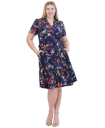 Jessica Howard Plus Size Floral-print Twist-front Midi Dress In Navy Multi
