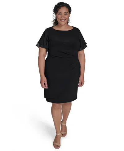 Jessica Howard Plus Size Flutter-sleeve Shirred Dress In Black