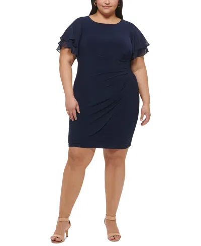 Jessica Howard Plus Size Flutter-sleeve Shirred Dress In Navy