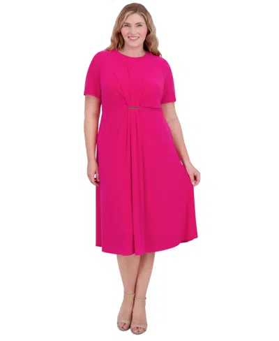 Jessica Howard Plus Size Jewel-neck Center-pleat Midi Dress In Hot Pink