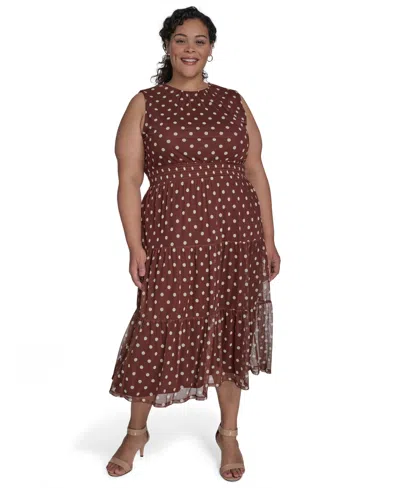 Jessica Howard Plus Size Jewel-neck Sleeveless Midi Dress In Brown