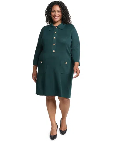 Jessica Howard Plus Size Knit Button-front Collared Sweater Dress In Green