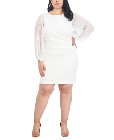 Jessica Howard Plus Size Pleated-chiffon-sleeve Sheath Dress In Ivory