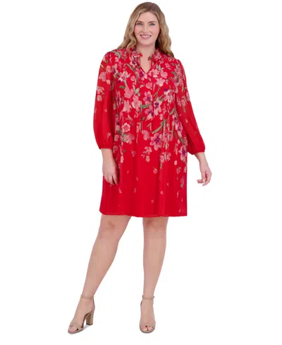 Jessica Howard Plus Size Pleated Floral-print Shift Dress In Poppy