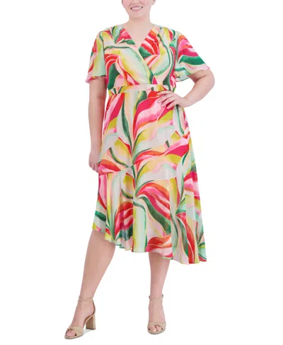 Jessica Howard Plus Size Printed Asymmetrical-hem Midi Dress In Multi