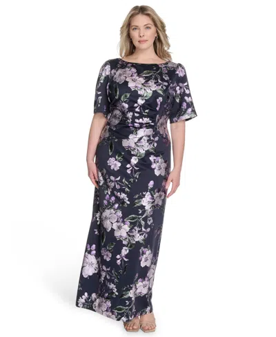 Jessica Howard Plus Size Printed Boat-neck Gown