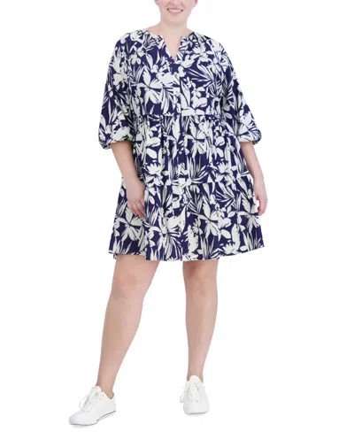 Jessica Howard Plus Size Printed Button-front A-line Dress In Navy,white