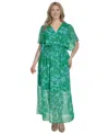 Jessica Howard Plus Size Printed Chiffon Flutter-sleeve Maxi Dress In Green
