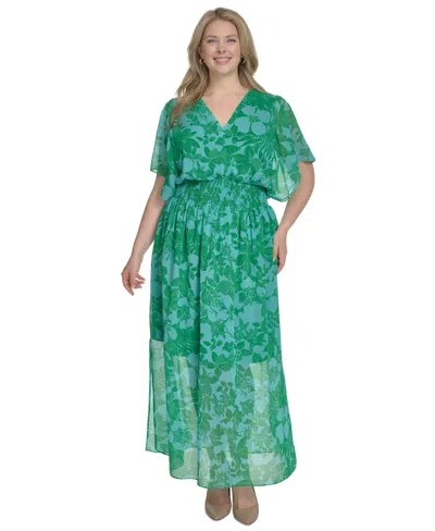 Jessica Howard Plus Size Printed Chiffon Flutter-sleeve Maxi Dress In Green