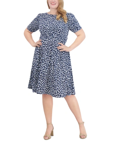 Jessica Howard Plus Size Printed Ruched-waist Dress In Navy Multi