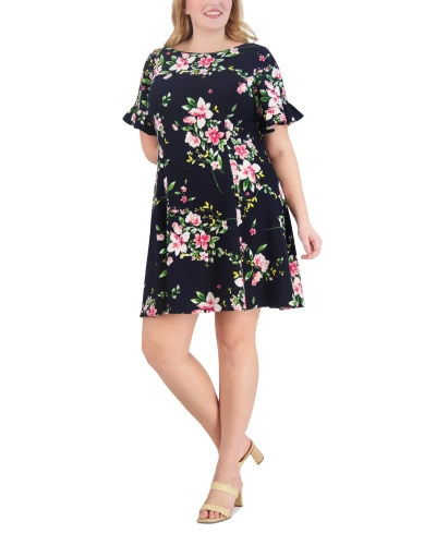 Jessica Howard Plus Size Printed Ruffle-sleeve Fit & Flare Dress In Navy,pink