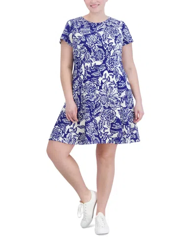 Jessica Howard Plus Size Printed Short-sleeve Fit & Flare Dress In Cobalt